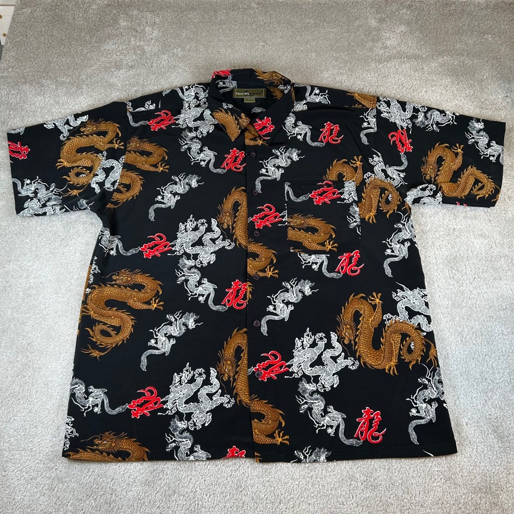 VTG Y2K Northpeak Dragon Print Shirt Mens M‎ Black Kanji Short Sleeve Button Up